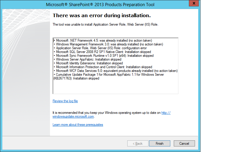 SP2013 Error - Pre-requisite App Server and Web Server